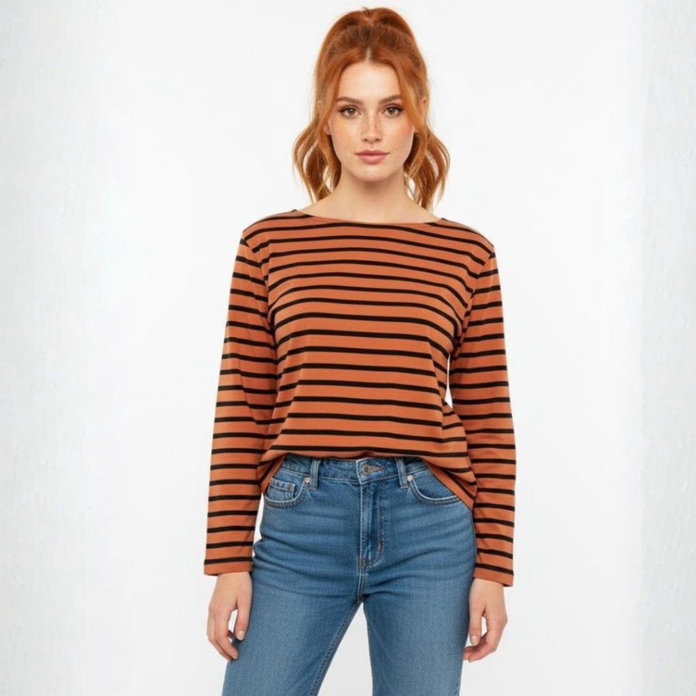 Everlane Long Sleeve Orange Black Striped Tee - XS